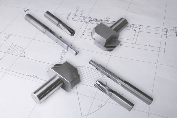 istock Professional cutting tools set. consists of drill, reamer, cutter. Material carbide and steel. used for metalwork. Isolated on drawing background. 1445051490