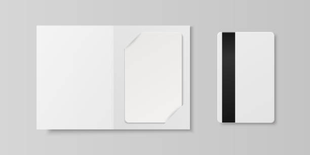 istock Vector 3d Realistic White Guest Room, Plastic Hotel Apartment Keycard, ID Card, Sale, Credit Card with Magnetic Strip. Design Template with Paper Cover Case, Wallet for Mockup, Branding. Top View 1445055342