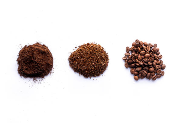 Dried Coffee Roasted Beans Granuals and Filter Coffee stock photo