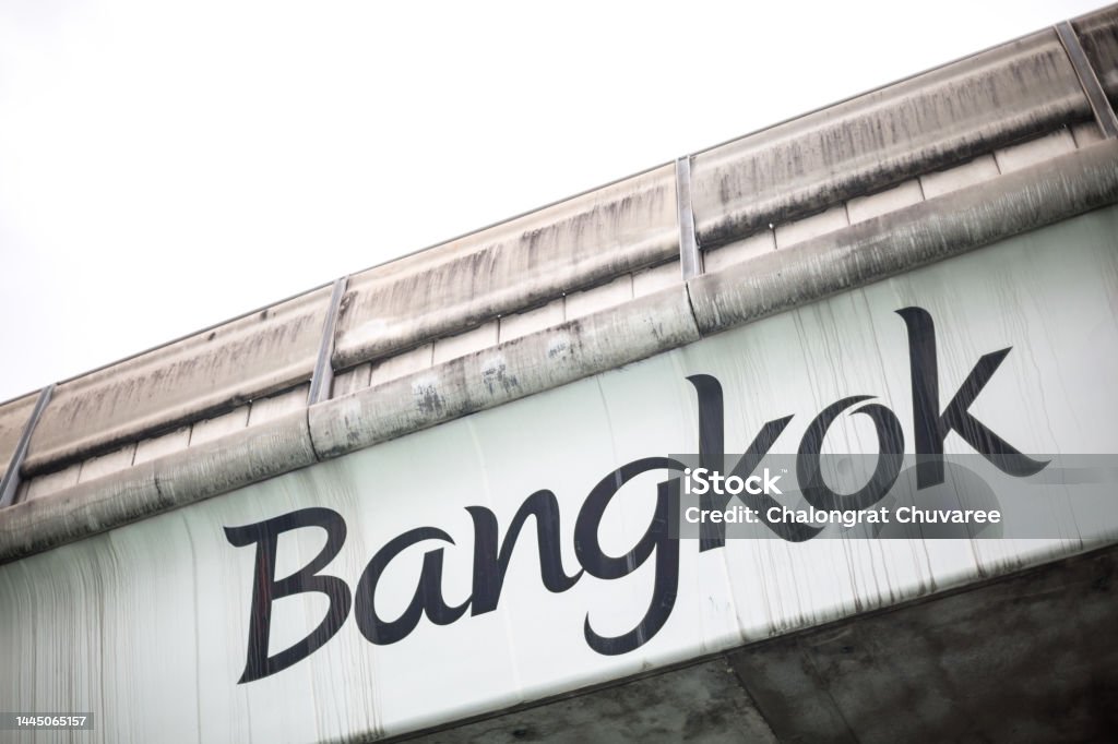 Text of the word Bangkok on the BTS SkyTrain in Bangkok Thailand and copy space Text of the word Bangkok on the BTS SkyTrain in Bangkok Thailand and copy space. Architecture Stock Photo