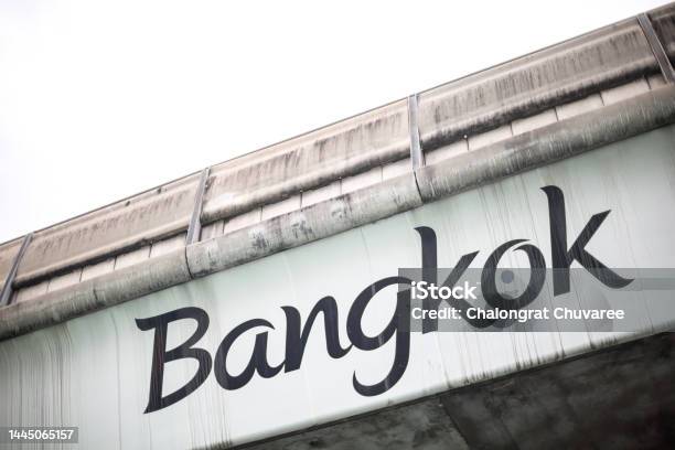 Text Of The Word Bangkok On The Bts Skytrain In Bangkok Thailand And Copy Space Stock Photo - Download Image Now
