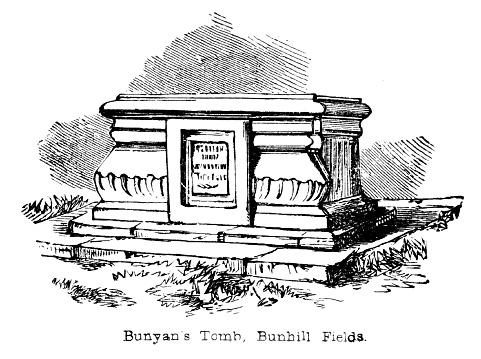 Monument of John Bunyan, author of Pilgrim's Progress, in Bunhill Fields, London, England. Illustrations are Wood Engraving by William Harvey for Pilgrim’s Progress by John Bunyan, plus a memoir on Bunyan by George Cheever D.D., and Bunyan's apologetics for Pilgrim's Progress (William L. Allison Co. Publishers: NY) published in 1856. The first edition  is in my private collection. Copyright is in public domain.