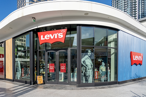 Los Angeles, CA, USA - July 11, 2022: A Levi store at Westfield Century City mall in Los Angeles, CA, USA. Levi Strauss is an American clothing company.