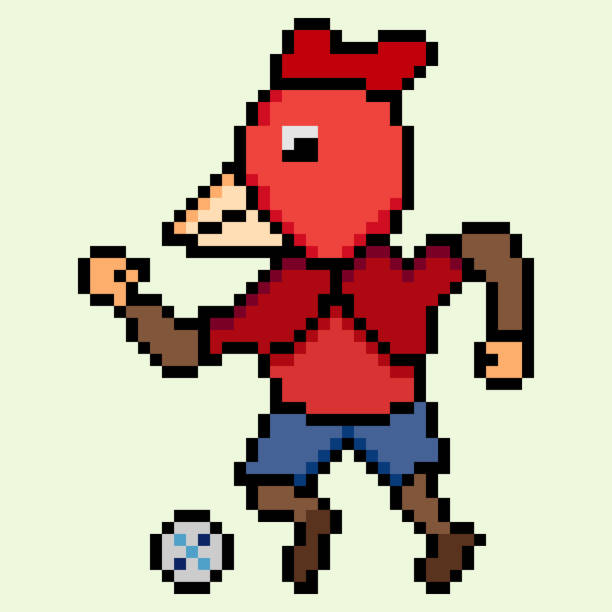 pixel art. piłkarz z kurczakiem kopnie piłkę. - chicken strip stock illustrations
