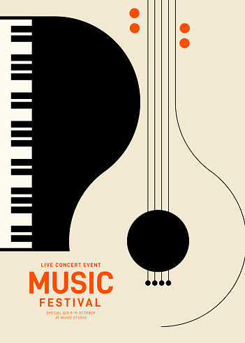 Music poster design template background with piano and guitar. Design template can be used for backdrop, banner, brochure, leaflet, flyer, print, publication, vector illustration