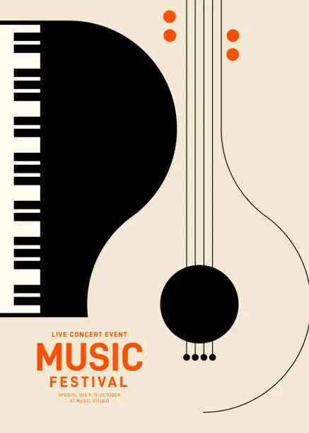 Vector illustration of Music poster design template background with piano and guitar.
