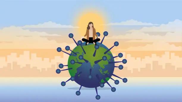Vector illustration of A calm businesswoman sits and meditates on an infected COVID-19 virus earth. Think of business idea solutions, problem solving from the pandemic economic downturn. In morning sunrise city background.