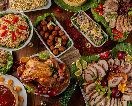 Christmas dinner. With roast turkey and foods served in Brazil. Traditional Christmas table served in Brazil, decorated. Family dinner. top view