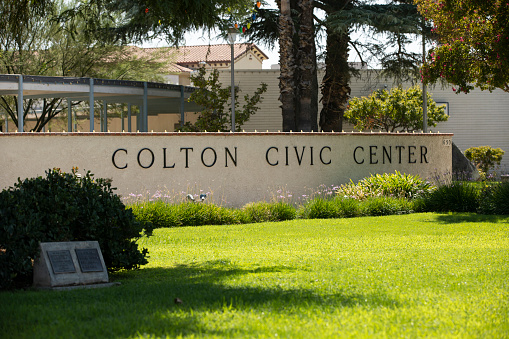 Colton, California, USA - September 18, 2022: Morning light shines on the downtown Colton Civic Center.