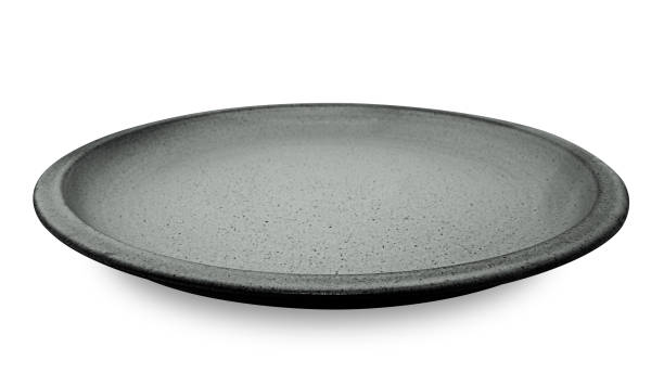 istock Grey circle ceramics plate isolated on white background. 1445077847