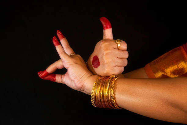 Indian woman classical dancer hands demonstrating mudras or gestures of Bharatanatyam classical dance.