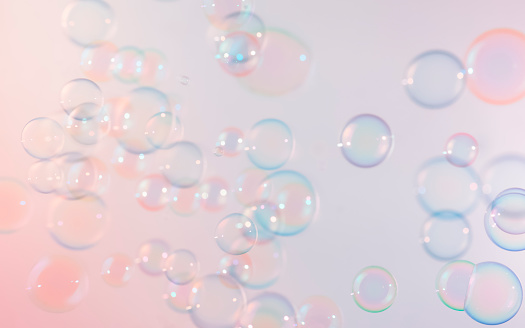 Abstract Transparent Pink and Blue Soap Bubbles Background. Freshness Soap Sud Bubbles Water.