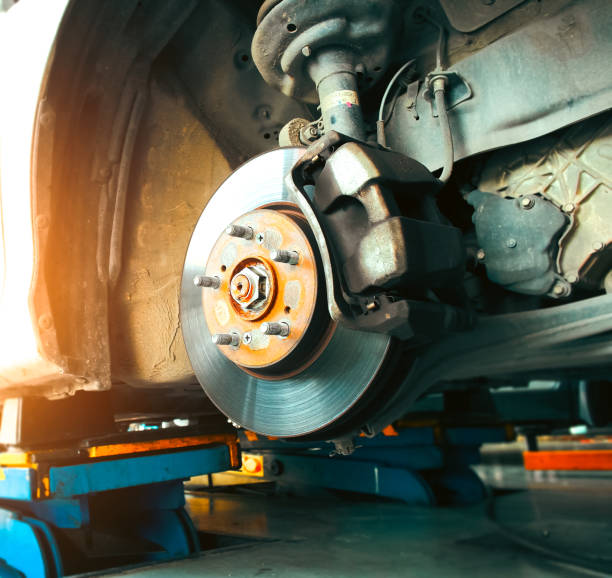 istock Front disc brakes and calipers that remove the wheels of a car 1445084595