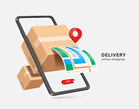 istock Parcel box floats out and displays in front of smartphone screen along with pin placed on location GPS map for delivery 1445087454