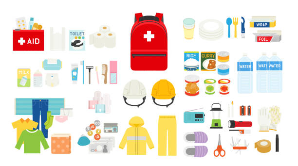 ilustrações, clipart, desenhos animados e ícones de kit de preparação para emergências - saftey equipment audio