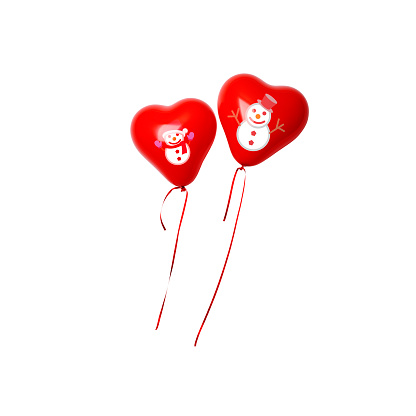 Two Christmas red heart-shaped snowman balloons floating in mid-air on white background.
