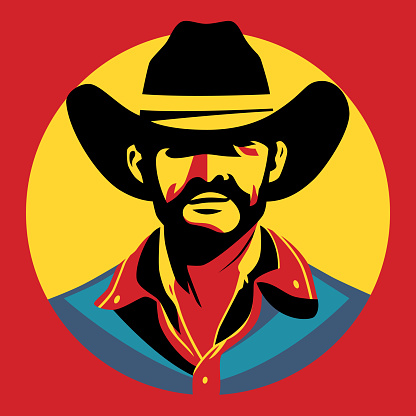 Vector illustration of a cowboy face against a red background.
