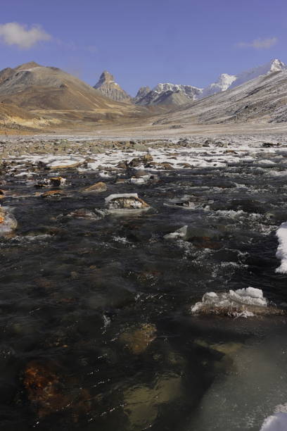 istock frozen mountain stream flowing through the scenic alpine valley at yumesodong or zero point, the beautiful himalayan valley located in north sikkim, india 1445089536