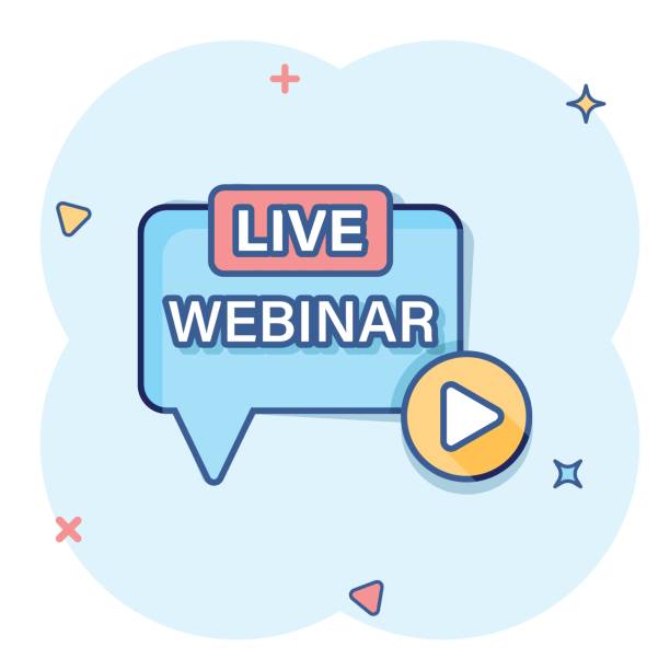 istock Live webinar icon in comic style. Online training cartoon vector illustration on isolated background. Conference stream splash effect sign business concept. 1445090928