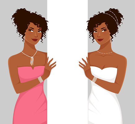 attractive black woman in an elegant white or pink dress