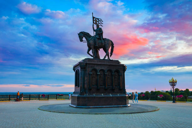 Monument to Grand Prince Vladimir And Saint Fedor in Vladimir city, Golden Ring of Russia at sunset