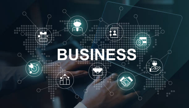 istock Business development closeup concept image with white glyph icons 1445099023