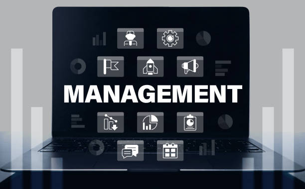 istock Business development management closeup concept image with white glyph icons 1445099055
