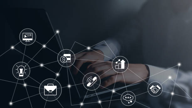 istock Corporate workflow for business closeup concept image with white glyph icons 1445099069