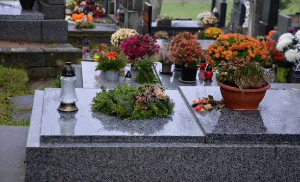 decoration of graves to order. preparation for winter season by placing twigs and wreaths, cleaning granite stone tombstones and lighting candles. tombstone and stonework in your area. cover of needle, thuja, memorial service, stonework, floristry, gravestone, gold