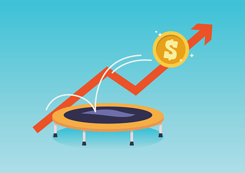 Dollar coin bounce back on the trampoline. Vector illustration