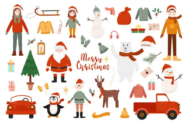 Vector illustration of Big vector set of Christmas characters and decorations: family, santa, polar bear, elf, deer, red car, clothes. Design for greeting card, poster, website.