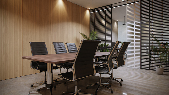 6-person office meeting room with wooden walls,3d rendering