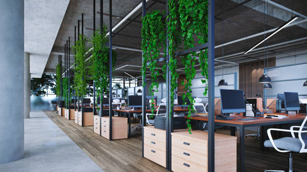 großes bürointerieur mit pflanzen und offener decke, 3d-rendering - coworking stock-fotos und bilder