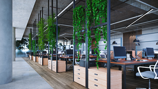 Large office interior with plants and open ceiling, 3d rendering