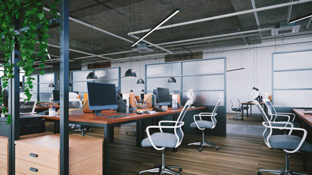 ampio interno dell'ufficio con piante e soffitto aperto, rendering 3d - office furniture open plan desk foto e immagini stock