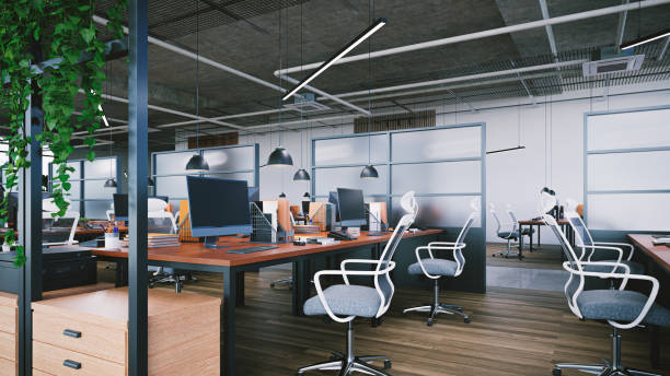 植物と開いた天井を持つ大規模なオフィスインテリア、3dレンダリング - office furniture open plan desk ストックフォトと画像
