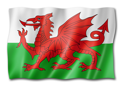 Wales flag, United Kingdom waving banner collection. 3D illustration