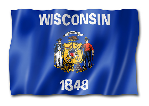 Wisconsin flag, united states waving banner collection. 3D illustration