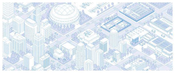 three-dimensional view of the townscape. cityscape. line drawing illustration. - 地區類型 插圖 幅插畫檔、美工圖案、卡通及圖標