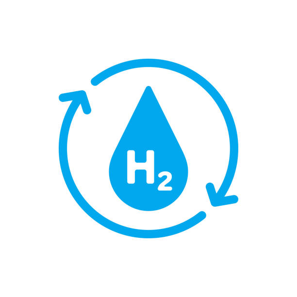 Hydrogen (H2) icon. Renewable energy source. Blue water drop with two round arrows and hydrogen. vector Hydrogen (H2) icon. Renewable energy source. Blue water drop with two round arrows and hydrogen. vector hydrogen stock illustrations