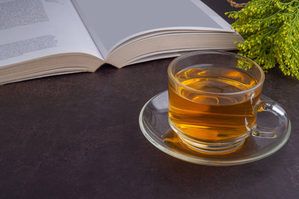 istock A teacup with flowers and a book on a dark background 1445115555