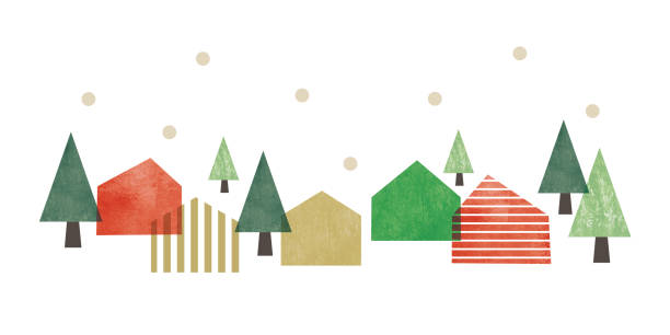 акварельные домики и елки на рождество - illustration and painting panoramic sky snow stock illustrations