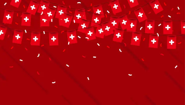 Vector illustration of Switzerland celebration bunting flags with confetti and ribbons on red background. vector illustration.