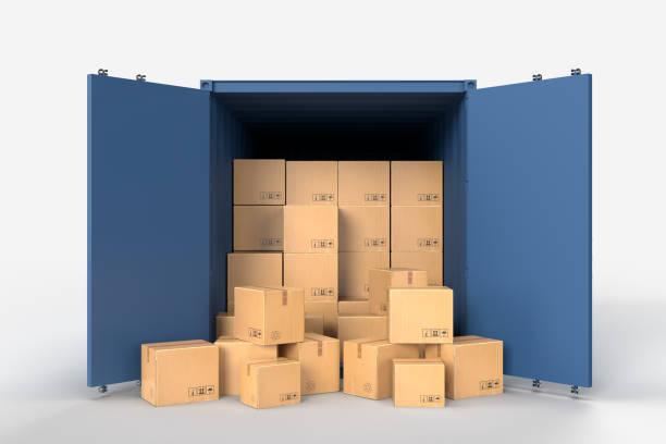istock Container cargo shipping logistic service containers with brown cardboard boxes package delivery in the online e-commerce business. 3d rendering 1445119680