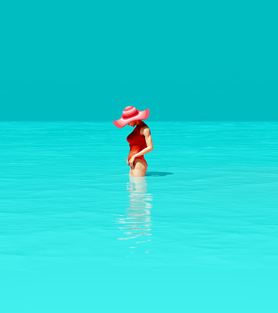 Woman in a Pink Red Summer Hat Swimsuit Turquoise Blue Ocean Christmas Summer Holiday Paradise Beach Island 3d illustration render