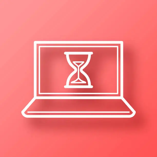 Vector illustration of Laptop with hourglass. Icon on Red background with shadow