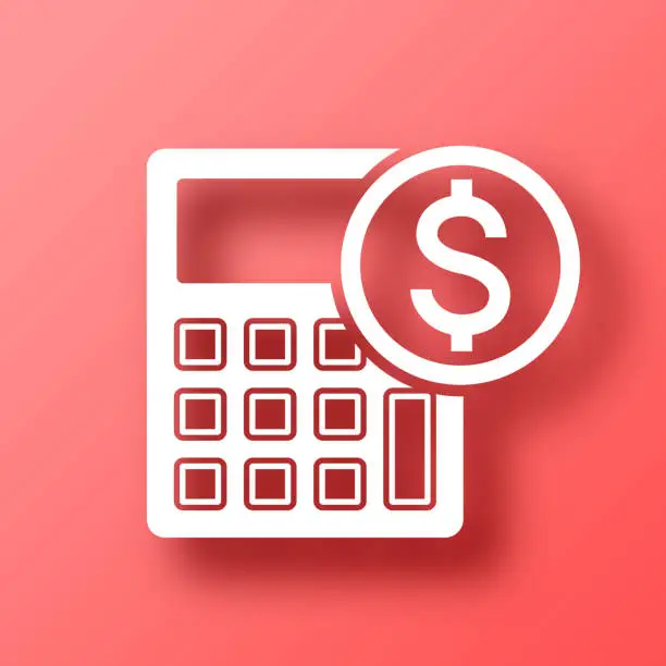 Vector illustration of Calculator with Dollar sign. Icon on Red background with shadow