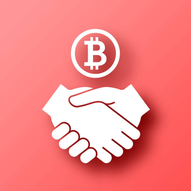 illustrations, cliparts, dessins animés et icônes de accord bitcoin. icône sur fond rouge avec ombre - meeting business red backgrounds