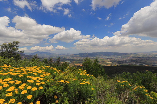 A view towards Cape Town from du Toits kloof Pass near Paarl, Western Cape, South Africa.