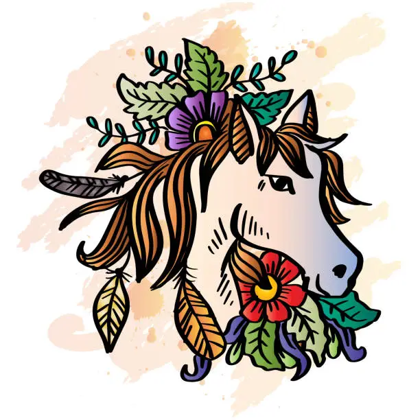 Vector illustration of Drawing of horse head with floral decoration